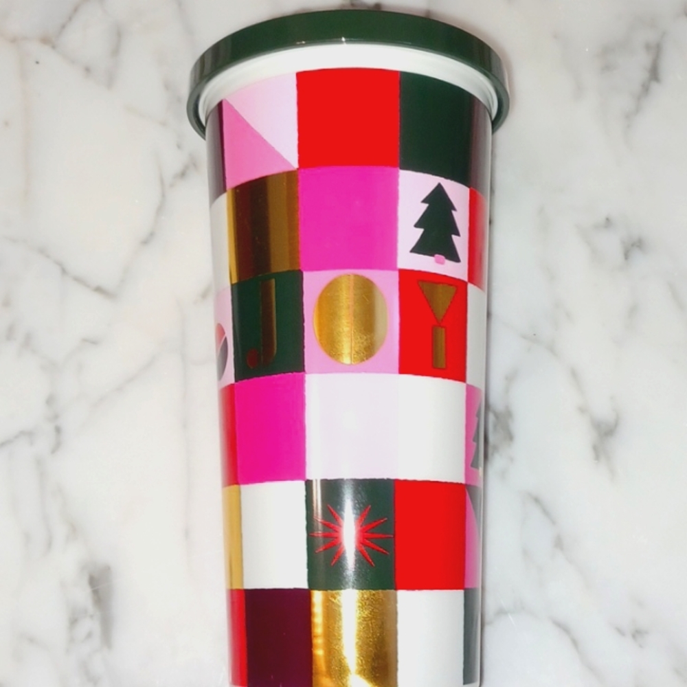 Kate Spade 'Joy’ Insulated Holiday Tumbler 20 oz metallic Gold, red, green, pink